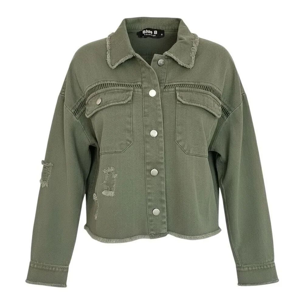 Blue B Collection Junior’s Distressed Twill Cropped Olive Jacket Size Small New